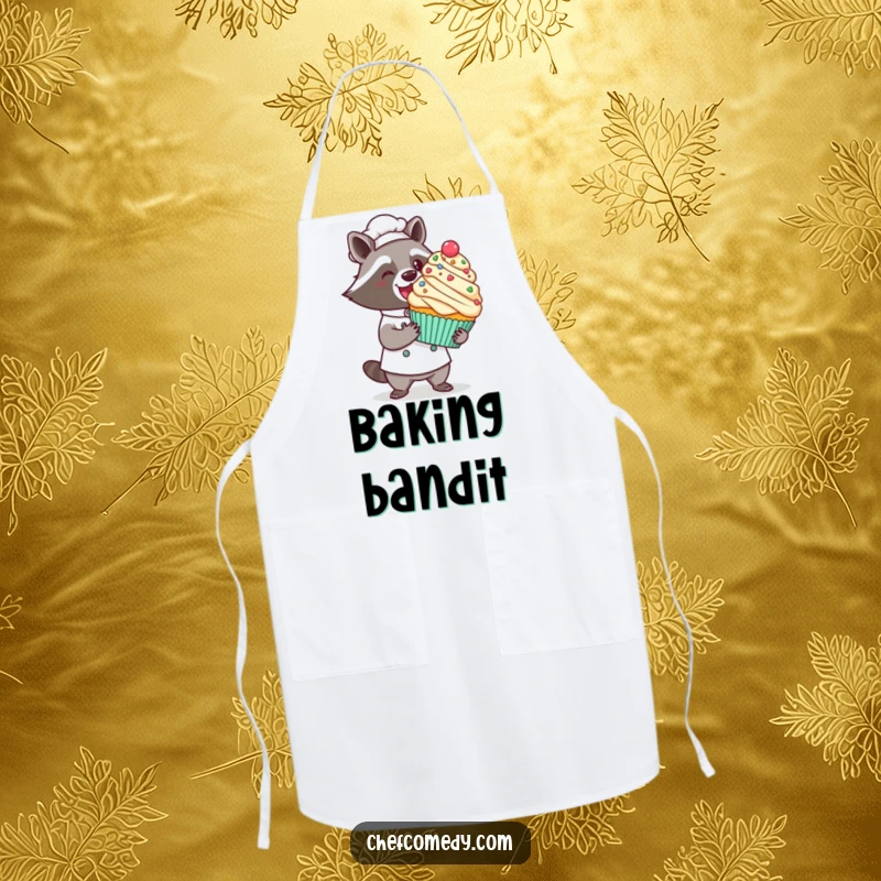 Funny kawaii raccoon chef apron, a proud raccoon presenting a giant decorated cupcake with a flourish, perfect for baking.