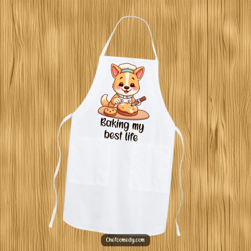 Funny apron with a happy dog chef character decorating a cookie, perfect for kitchen fun and a humorous gift.
