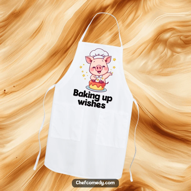 Funny Pig Chef Apron: A pig chef excitedly sprinkles shining stars onto a dessert, a cute and functional kitchen accessory.