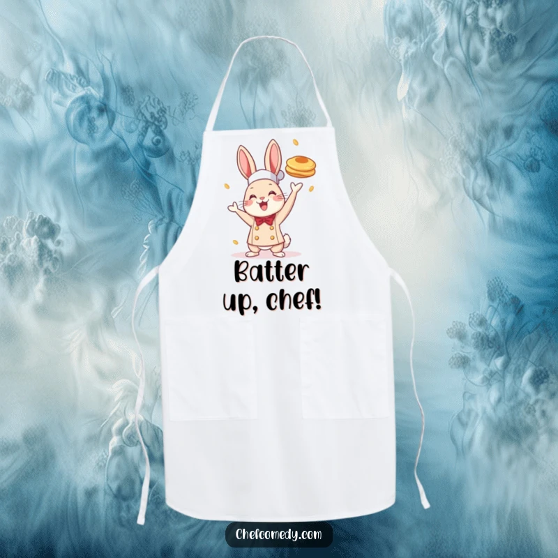 Funny apron showcasing a cheerful rabbit chef tossing a pancake, perfect for kitchen duty and celebrating breakfast with a fun theme.