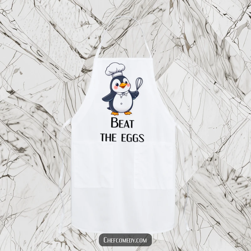 Funny penguin chef in a tall hat, holding a whisk, ready to whip up a treat.