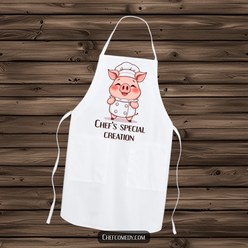 Funny apron featuring a smiling cartoon pig chef proudly presenting a large, steaming cupcake, adding humor to cooking.