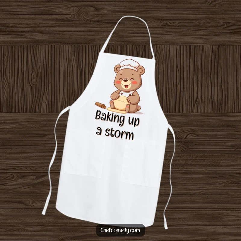 Funny apron showing a bear chef with a cheerful giggle while diligently kneading a large amount of dough.