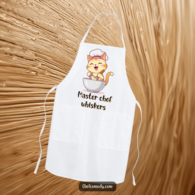 Funny apron featuring a happy cat chef energetically whisking batter in a large bowl, adding feline fun to cooking.