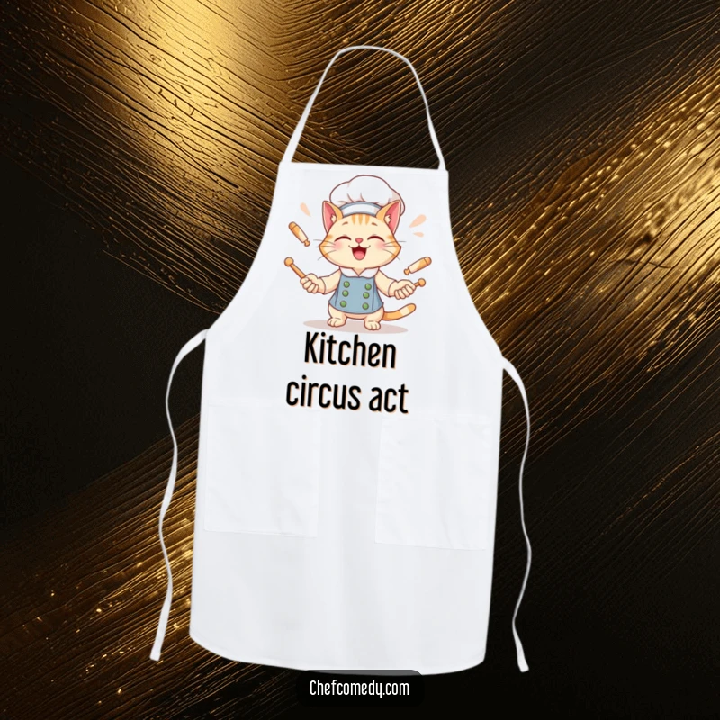 Funny Cat Chef Apron: A giggling cat chef juggles rolling pins, perfect for messy kitchen tasks.