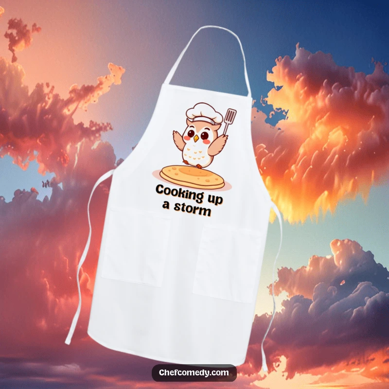 Funny Chef Owl Apron: A small owl chef flips a pancake. Whimsical and practical wear for any kitchen enthusiast.
