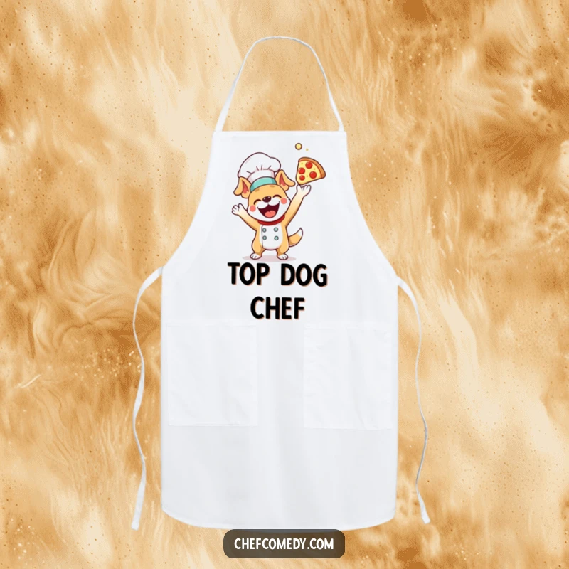 Funny dog chef apron, enthusiastically tossing a pizza dough high, protecting the wearer with a playful and humorous design.