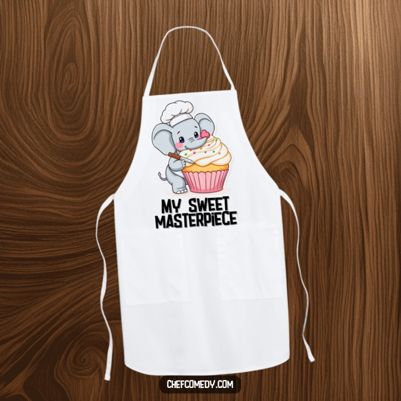 Funny apron featuring a careful elephant chef delicately decorating a giant cupcake, ideal for baking enthusiasts.