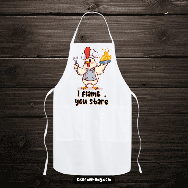 Funny apron featuring a bold chicken chef performing a dramatic toss of a flaming frying pan, ideal for kitchen use.