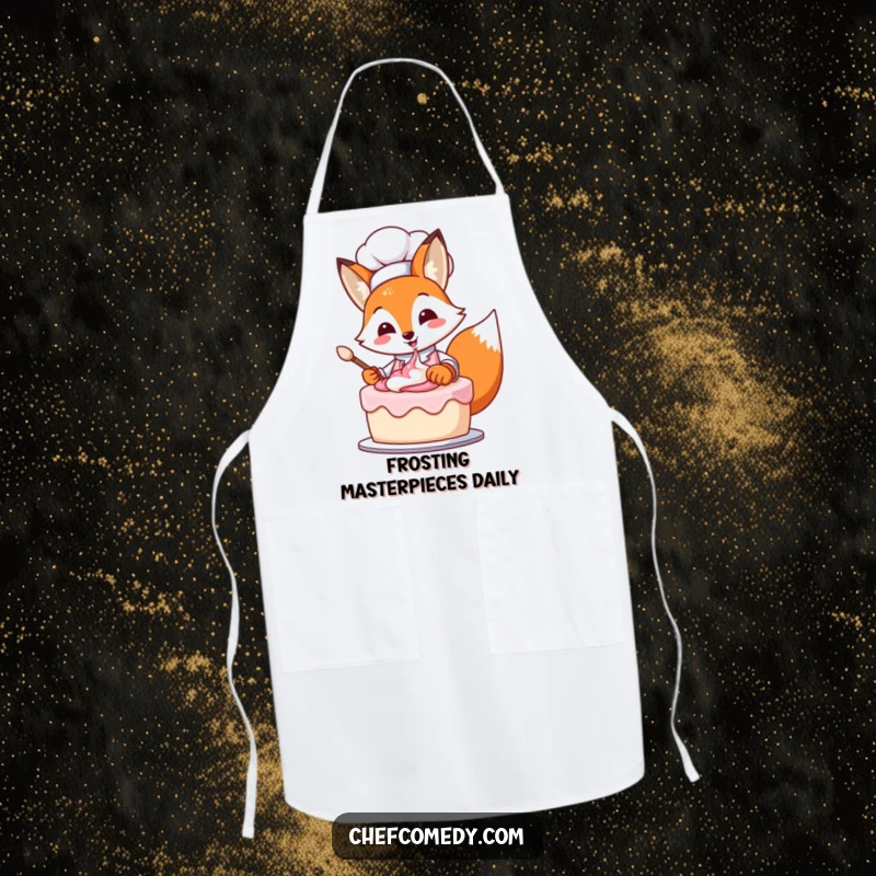 Funny fox chef enthusiastically frosting a cake, designed on a practical and humorous apron for chefs.