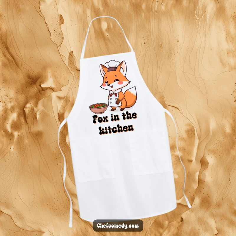 Funny Fox Chef Apron: A fox chef triumphantly presents a steaming dish, a practical and humorous accessory for the kitchen.