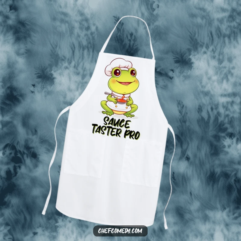 Funny frog chef wearing an apron, happily tasting sauce with a smile, for cheerful cooking sessions.