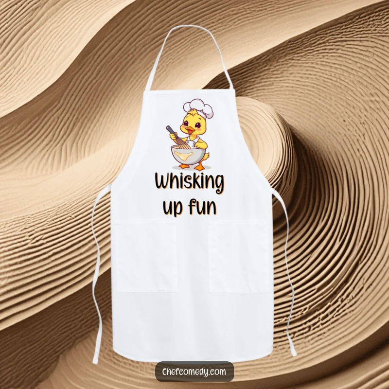 Funny Kawaii Duck Chef Apron, an energetic cartoon duck whisking batter, protective and humorous kitchen wear.