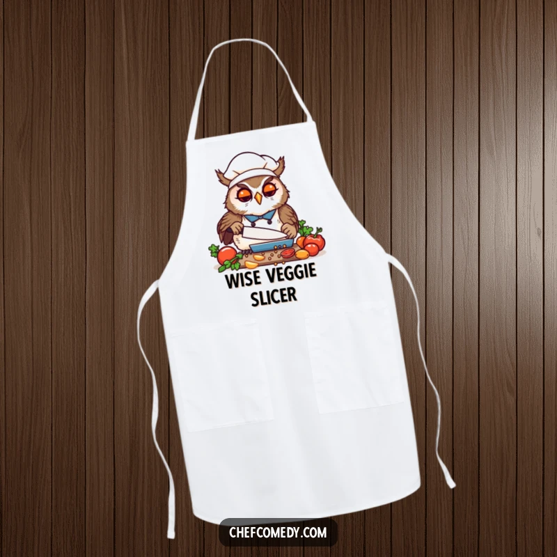 Funny Kawaii Owl Chef Apron, a focused cartoon owl joyfully chopping veggies, protective and humorous kitchen attire.