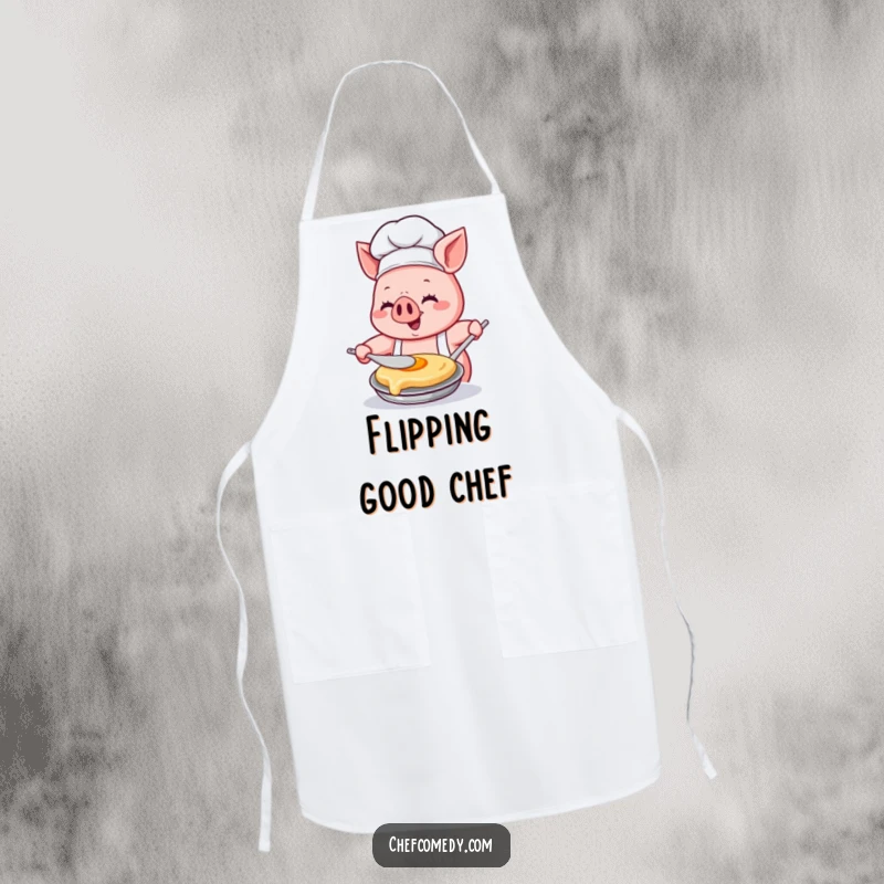 Funny Kawaii pig chef apron, showing a pig chef happily flipping a pancake with intense focus and glee, perfect for kitchen wear.