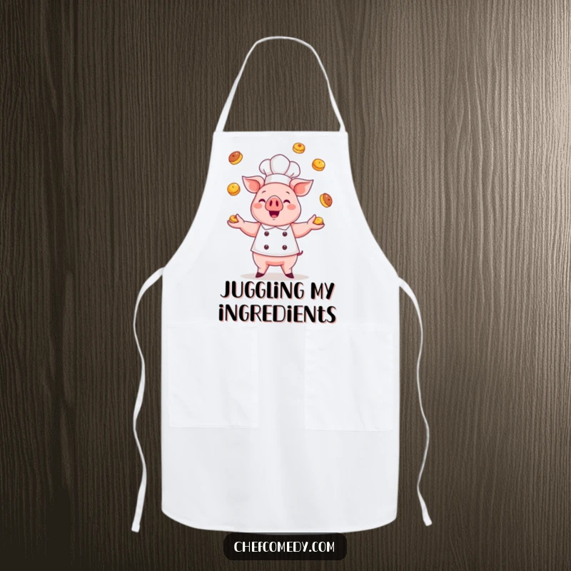 Funny kawaii pig chef apron, a cute pig chef gleefully juggling pastries, adding fun and flair to kitchen adventures.