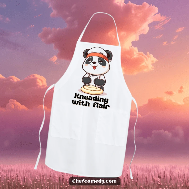 Funny panda chef character enthusiastically kneading dough with both paws on a functional apron, ideal for cooking.