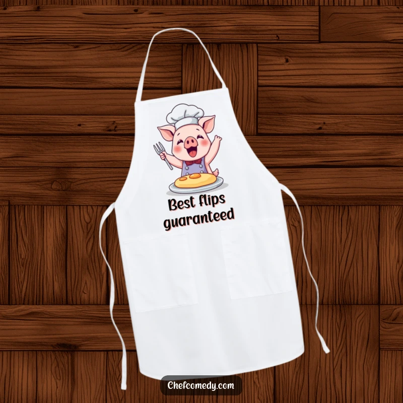 Funny apron showing a cute pig chef skillfully and joyfully flipping a pancake, ready for culinary adventures.