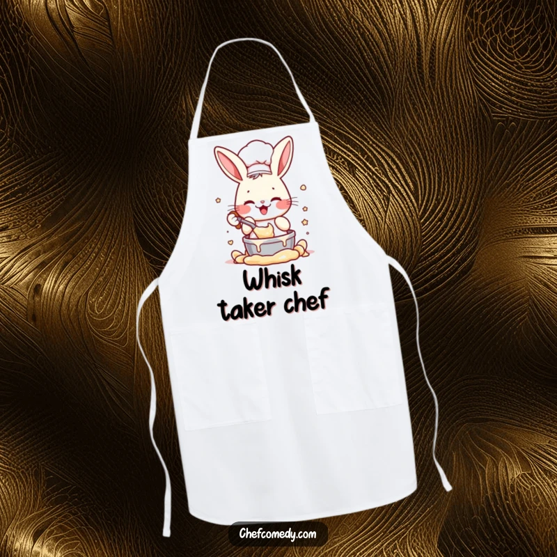 Funny apron with an enthusiastic rabbit chef character mixing batter, perfect for kitchen fun and a humorous gift.