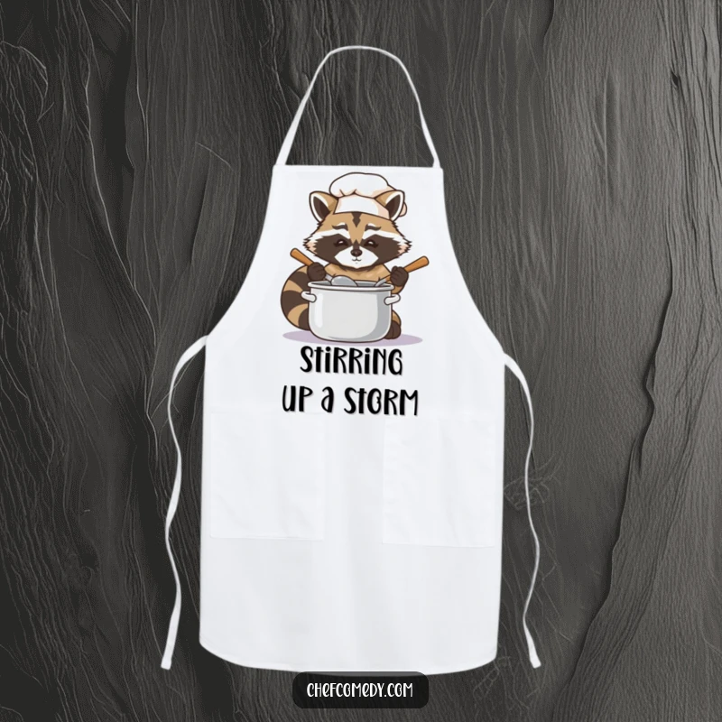 Funny raccoon chef illustration on an apron, stirring a pot with intense focus, adding humor to cooking.
