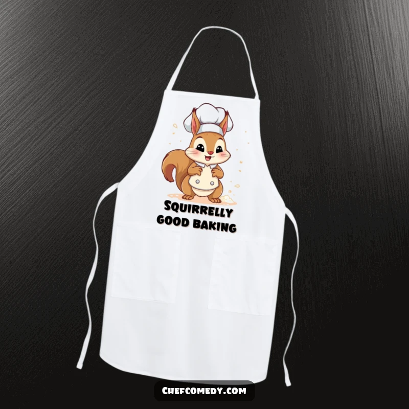 Funny squirrel chef character in a happy pose, sprinkling flour, wearing a practical and humorous apron for cooking.