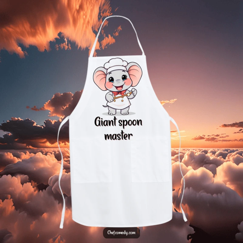 Funny Elephant Chef Apron: Happy elephant chef holding a giant spoon, ready for humorous cooking and baking.