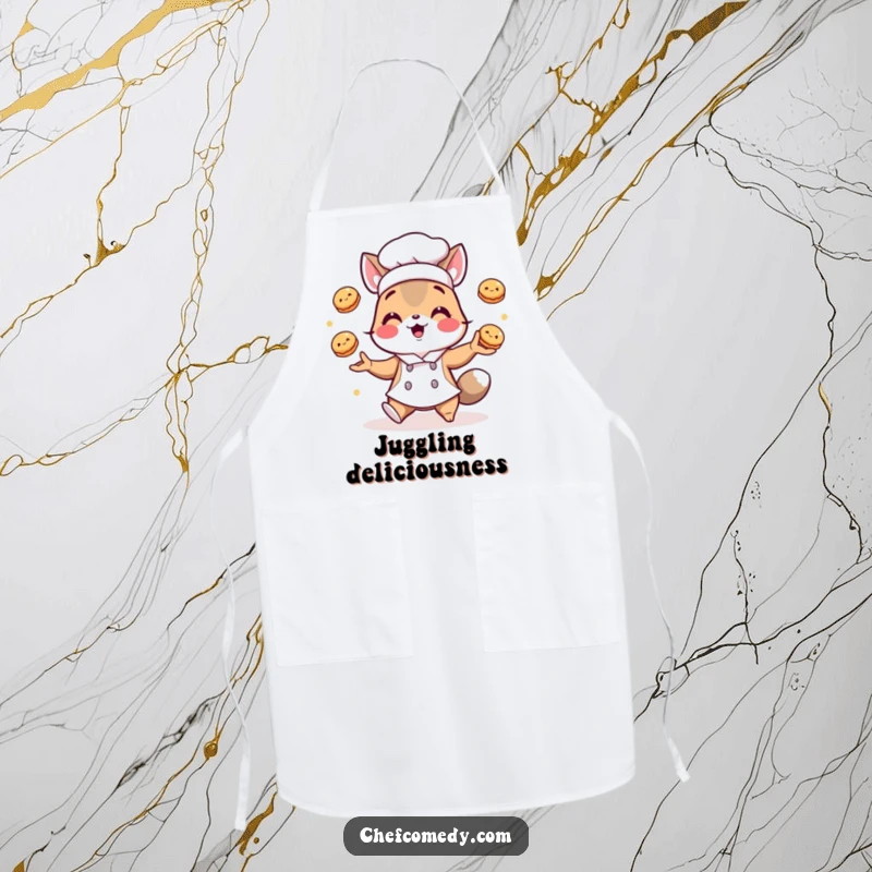 Funny apron: A chef animal character juggles small round pastries, perfect for humorous culinary adventures.