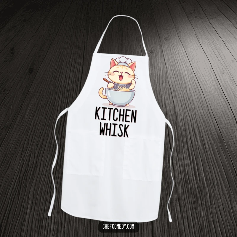Funny kawaii cat chef apron design of a cat whisking batter, showing enthusiasm and skill in the kitchen.