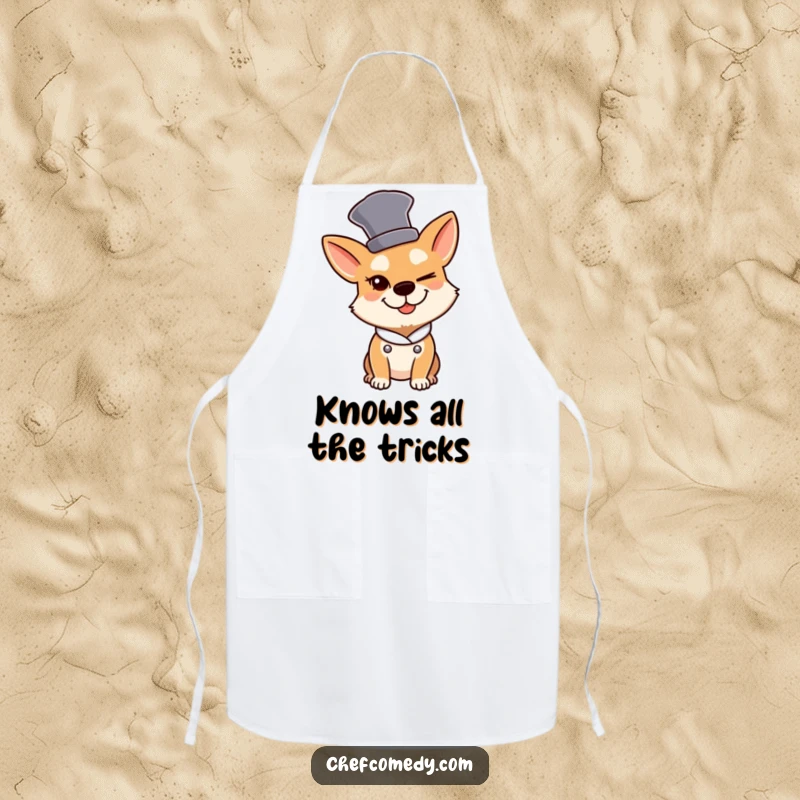 Funny Dog Chef Apron: A dog wearing a tall chef hat winks slyly, ideal for messy cooking.