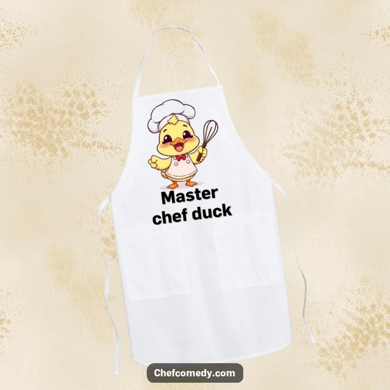 Funny duck chef wearing an apron and holding a whisk, ready for culinary action, in a humorous design.