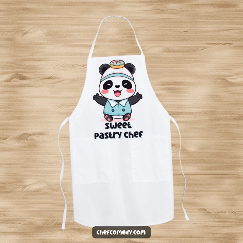 Funny panda chef wearing an apron, balancing donuts, ready for sweet culinary creations, in a humorous design.
