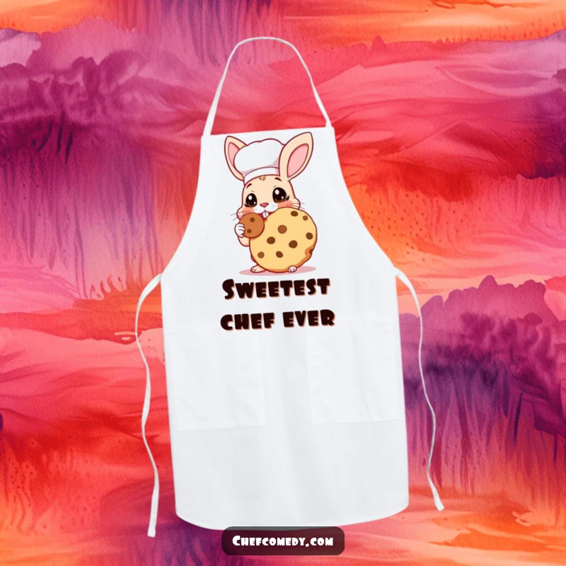 Funny Rabbit Chef Apron: A rabbit chef with wide eyes happily tasting a giant cookie, a cute and functional kitchen accessory.