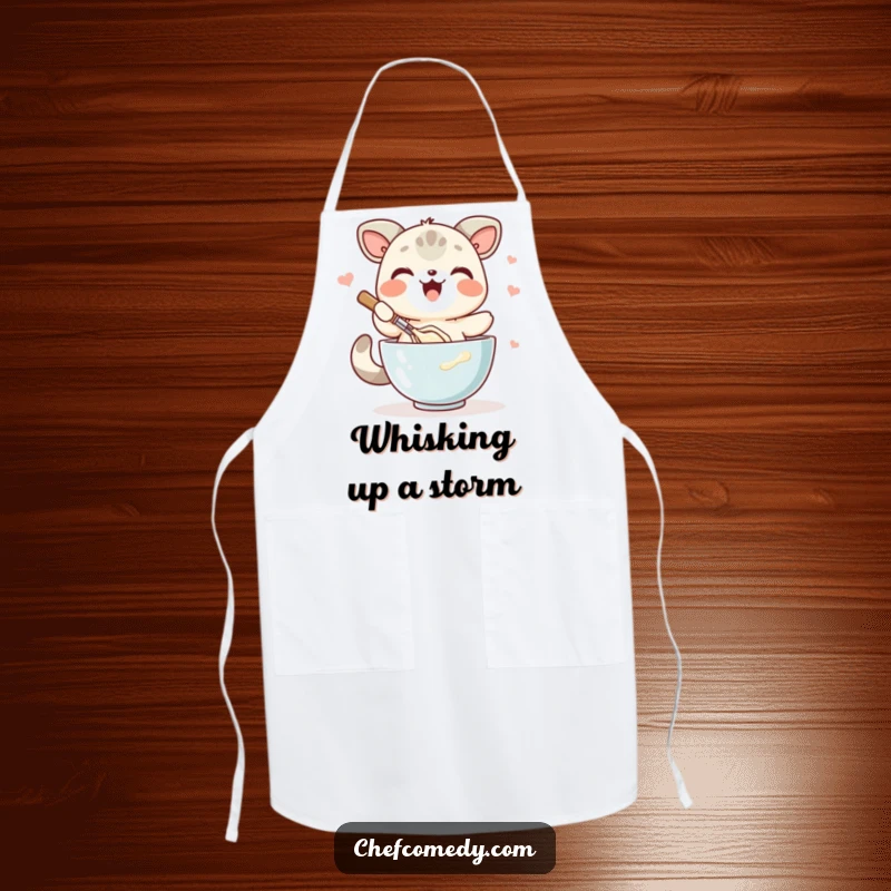 Funny kawaii animal apron, joyfully whisking batter in a bowl, ready for all your baking adventures.