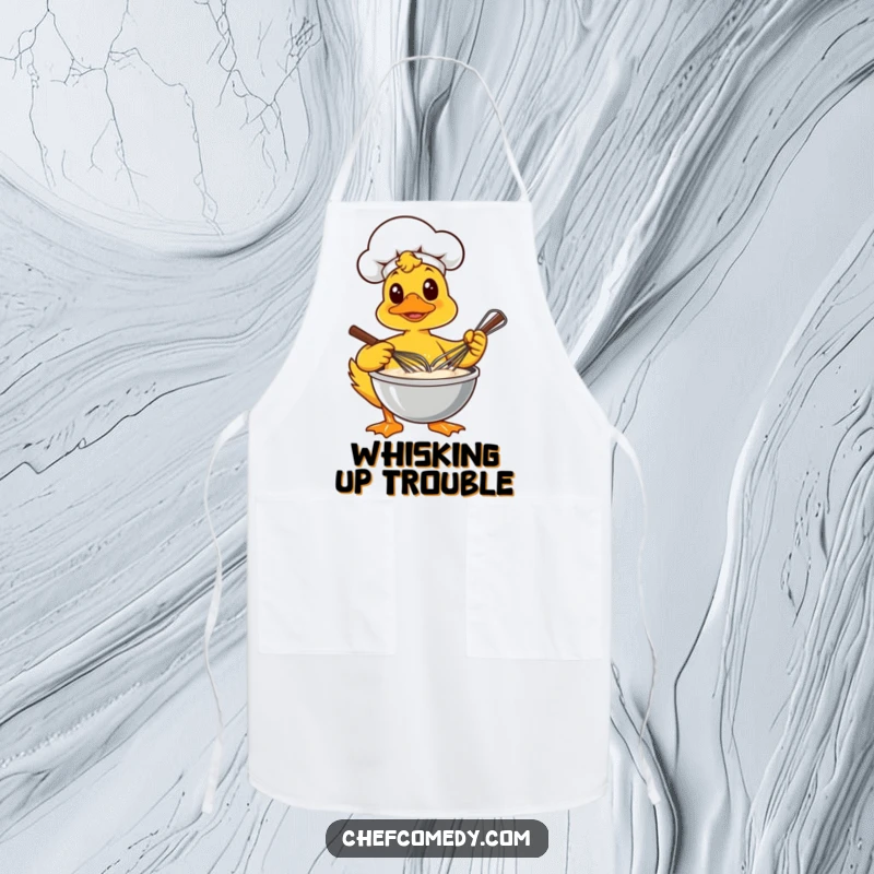 Funny apron featuring a determined duck chef vigorously whisking a bowl of batter, ideal for kitchen use.