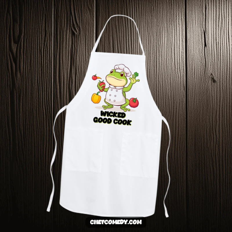 Funny frog chef character in a chef hat, enthusiastically juggling colorful vegetables, on a protective cooking apron.