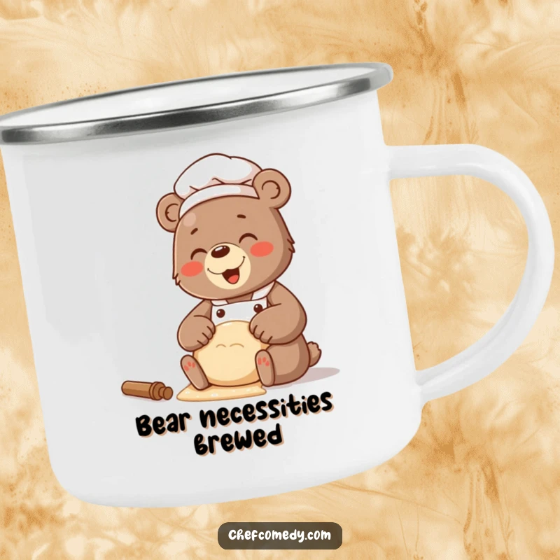 Funny camping mug depicting a bear chef with a joyful giggle while kneading dough, ready for camp baking.