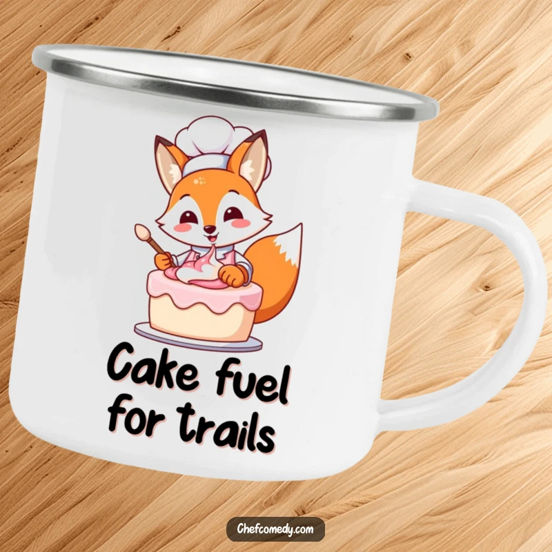 Durable camping mug featuring a funny fox chef frosting a cake, designed for outdoor enthusiasts who enjoy humor.