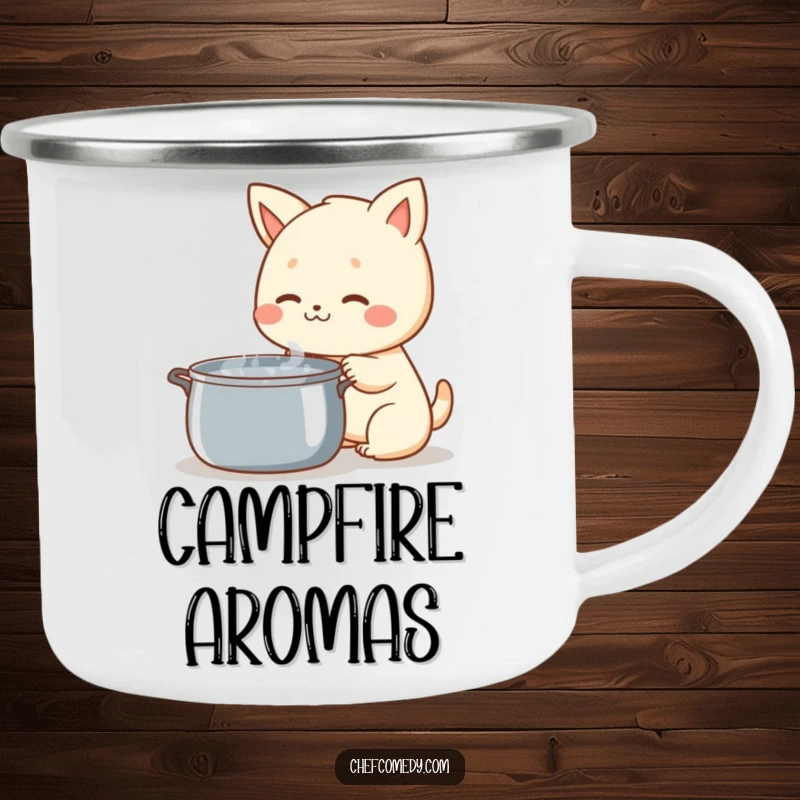 Funny Kawaii Animal Camping Mug, curiously sniffing a steaming pot, ideal for outdoor adventures and humorous beverage enjoyment.