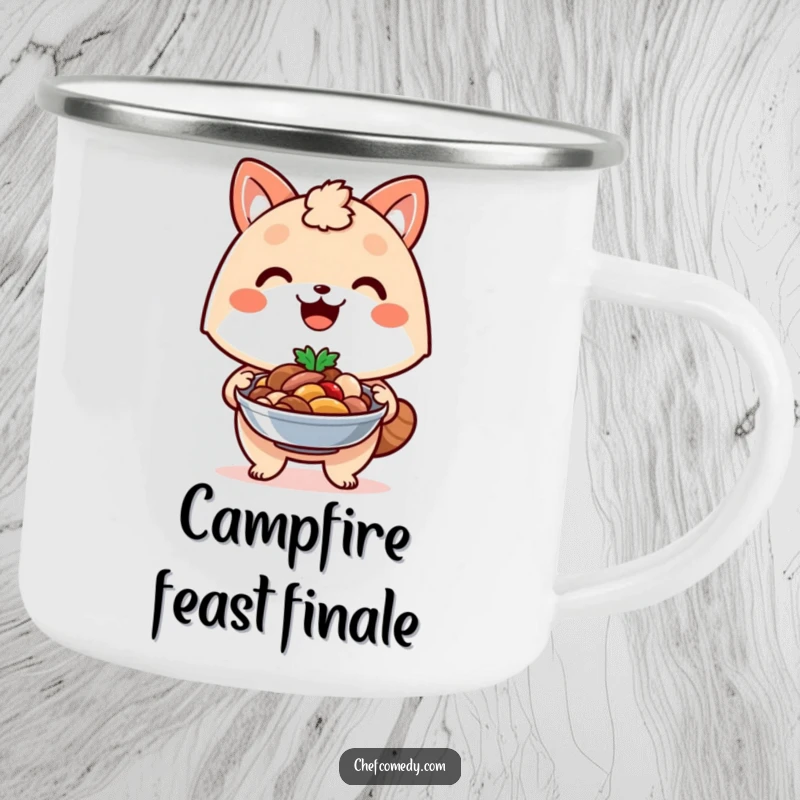 Funny kawaii animal camping mug, with a proud smile, presenting a delicious dish it has prepared.