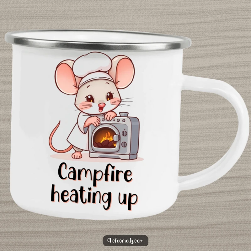 Funny mouse chef character fanning a tiny oven with great effort on a durable camping mug, for campers.