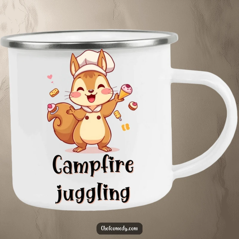 Funny Kawaii Squirrel Chef Camping Mug: A cute squirrel chef juggles pastries, ideal for enjoying beverages during outdoor baking adventures with a smile.