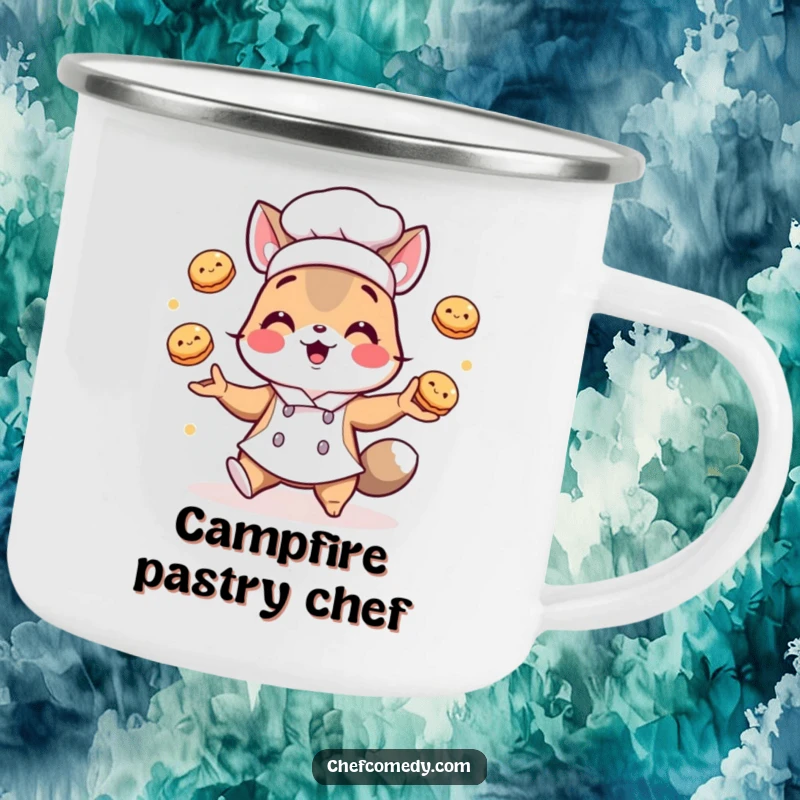 Funny camping mug: A chef animal juggles pastries with flair, perfect for humorous outdoor enjoyment.