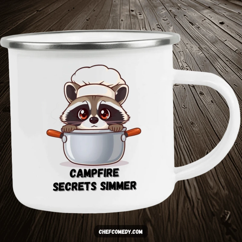 Funny raccoon chef peeking into a steaming pot on a durable enamel camping mug, for outdoor culinary curiosity.