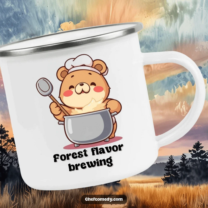 Funny Bear Chef Camping Mug: An enthusiastic bear stirs a bubbling pot, ready for outdoor brews.