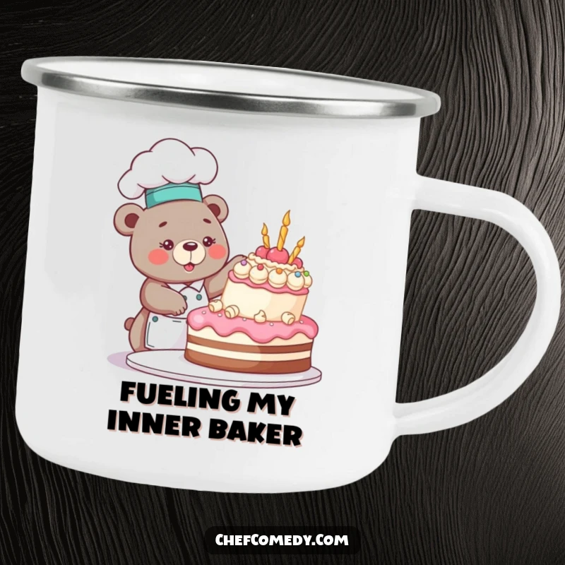 Funny bear chef character decorating a cake outdoors, sitting by a campfire, featured on a rugged camping mug.