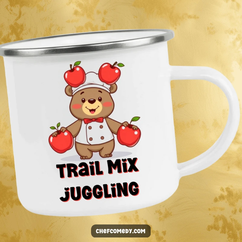 Durable funny bear chef camping mug, proudly juggling three shiny red apples, ready for outdoor adventures and morning coffee.