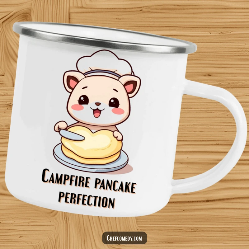 Funny kawaii animal camping mug, dressed as a chef, happily flipping a heart-shaped pancake, perfect for outdoor meals.