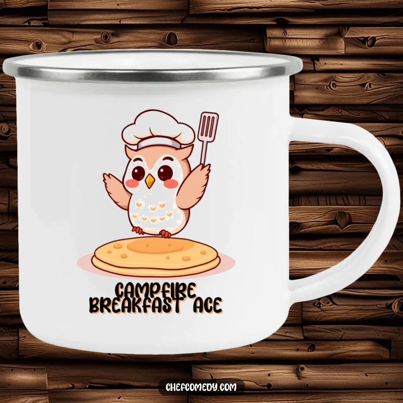 Funny Chef Owl Camping Mug: A small owl chef flips a pancake. Durable, portable, and full of whimsical culinary humor for outdoor trips.
