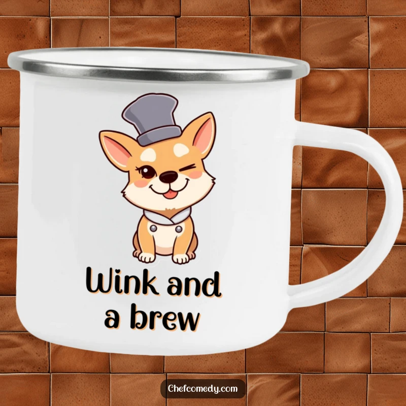 Funny Dog Chef Camping Mug: A dog chef in a tall hat winks slyly, ready for outdoor brews.