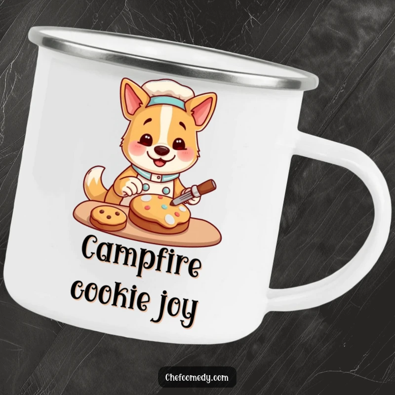 Funny camping mug with a happy dog chef character decorating a cookie, perfect for outdoor adventures and a humorous gift.